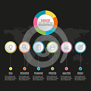 6 steps infographic design. Template for diagram, graph and chart. Timeline design with 6 levels, options, circles.